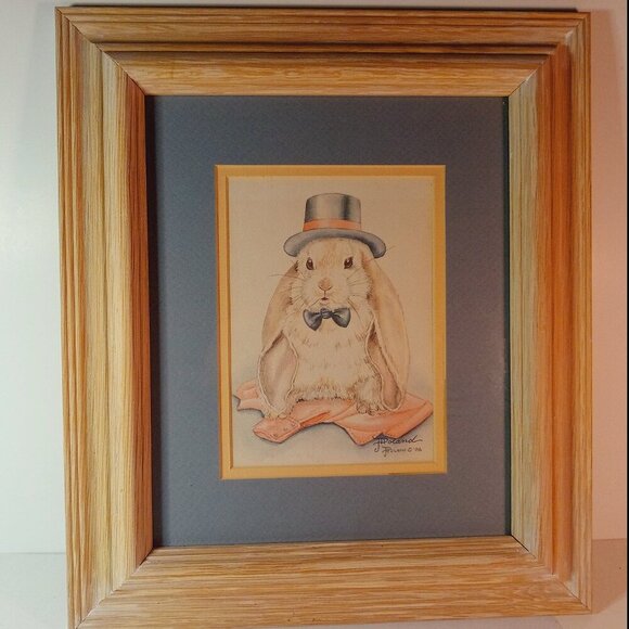 COPY - Vintage Signed 80s Wood Framed Bunny Rabbit Art - Picture 1 of 7